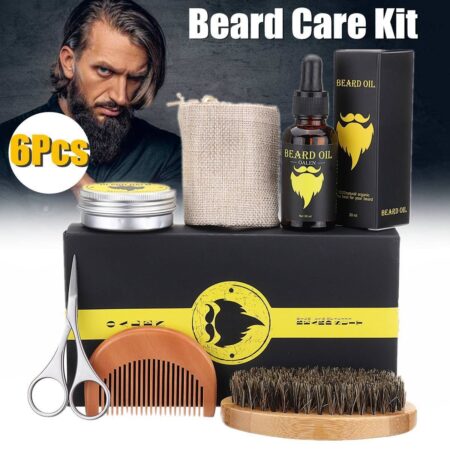 Premium Beard Care Kit 6-Piece Set – Beard Oil, Cream, Comb, Brush, Scissors & Linen Bag