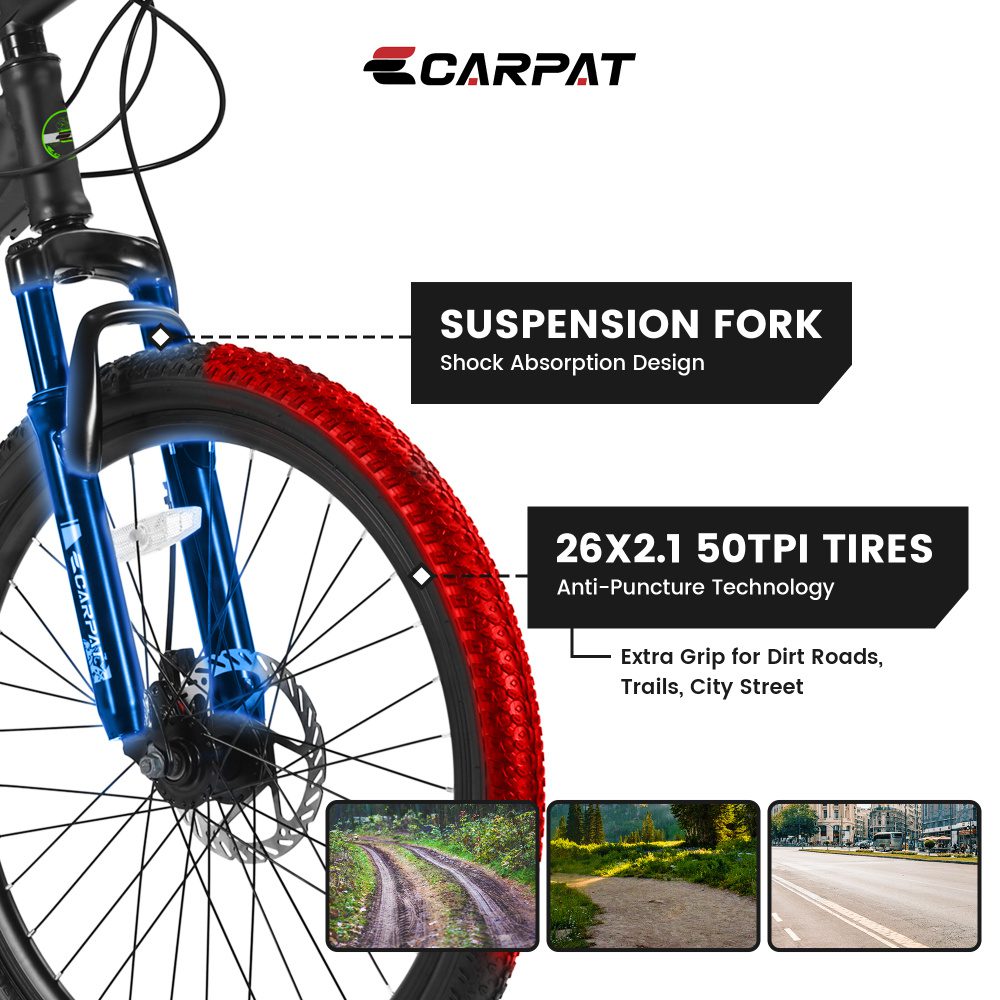 26 Inch Mountain Bike for Adults & Teens – Shimano 21-Speed MTB with Dual Disc Brakes, Full Suspension, High-Carbon Steel Frame – Durable Off-Road Bicycle for Men & Women - Image 4