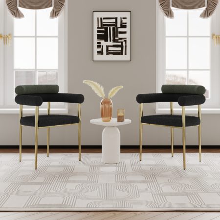 Woker Dining Chairs Set of 2, Mid-Century Modern Dining Chairs, Kitchen Dining Room Chairs, Round Boucle Backrest Sherpa Dining Chair with Brushed Bronze Metal Legs