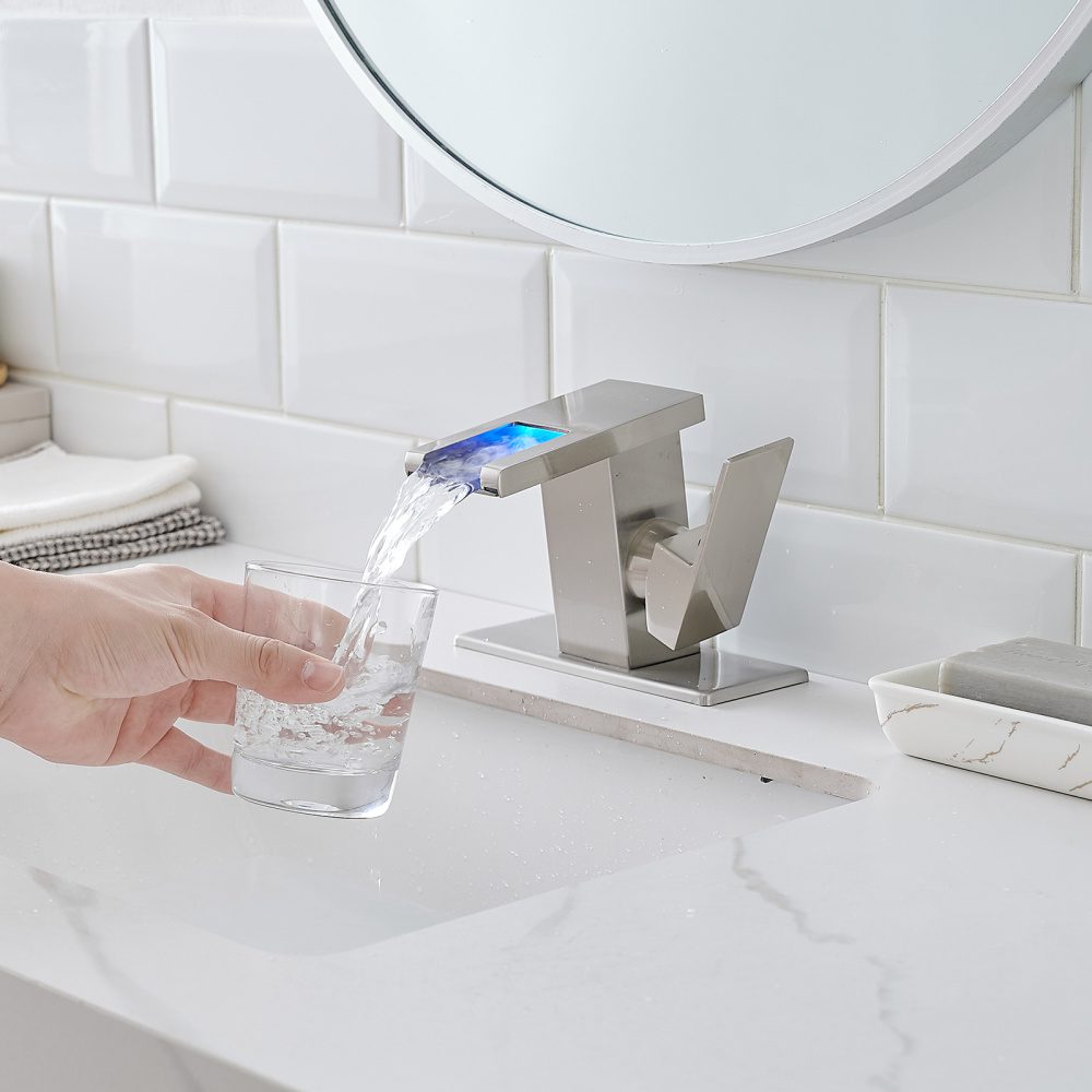 Bathroom Sink Faucet LED Light 3 Colors Changing Waterfall Glass Spout Hot Cold Water Mixer Single Handle One Hole Deck Mounted Bathroom Faucet - Image 8