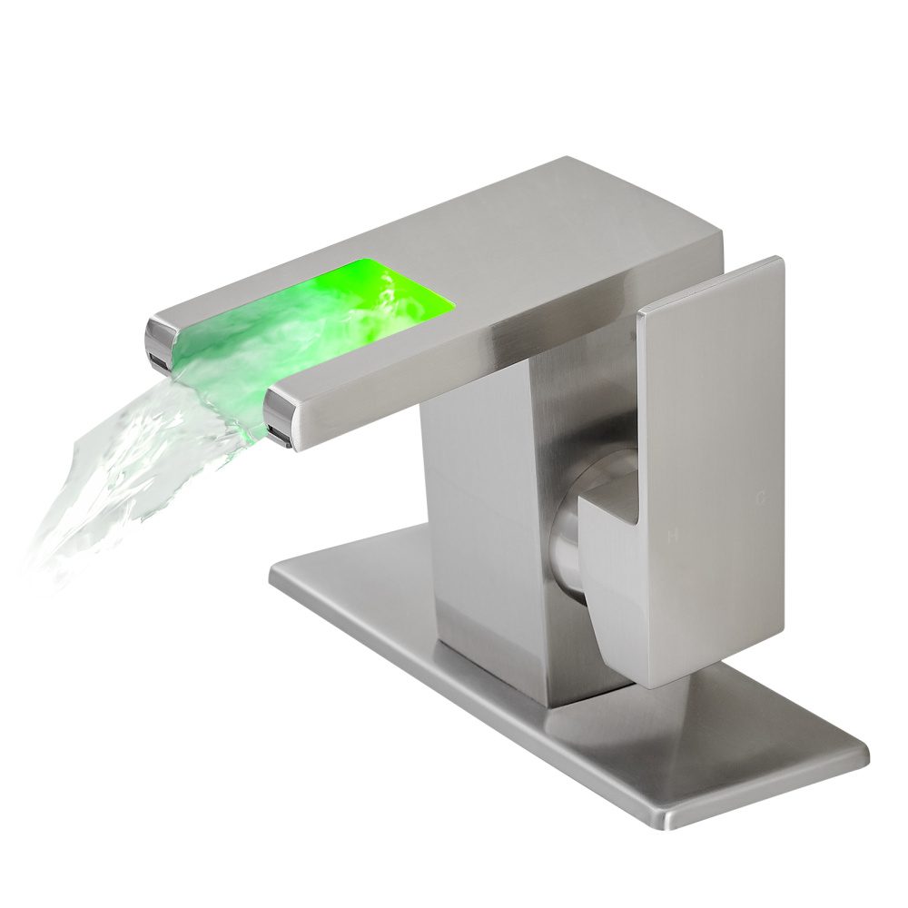 Bathroom Sink Faucet LED Light 3 Colors Changing Waterfall Glass Spout Hot Cold Water Mixer Single Handle One Hole Deck Mounted Bathroom Faucet - Image 2