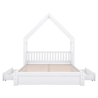 Wood Queen Size House Platform Bed with Guardrail and 2 Drawers, White