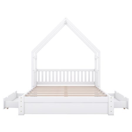 Wood Queen Size House Platform Bed with Guardrail and 2 Drawers, White