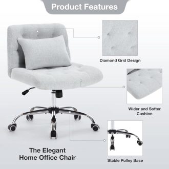 Armless Fabric Office Desk Chair with Wheels, Criss Cross Legged Wide Seat Chair, Modern Home Office Chair with Lumbar Pillow, Comfy Computer Task Chair for Small Space, Vanity Chair for Women, Girls