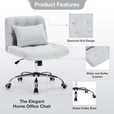 Armless Fabric Office Desk Chair with Wheels, Criss Cross Legged Wide Seat Chair, Modern Home Office Chair with Lumbar Pillow, Comfy Computer Task Chair for Small Space, Vanity Chair for Women, Girls