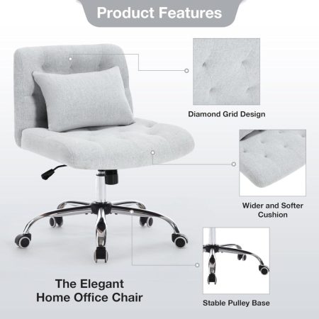 Armless Fabric Office Desk Chair with Wheels, Criss Cross Legged Wide Seat Chair, Modern Home Office Chair with Lumbar Pillow, Comfy Computer Task Chair for Small Space, Vanity Chair for Women, Girls
