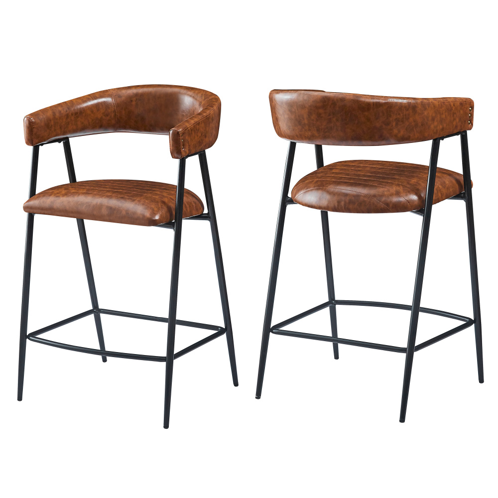 26'' Counter Stools Set of 2, Pu Upholstered Counter Stools with iron Frame, Backrest, Footrest, Arm counter stools for Home Bar, Kitchen Counter, Brown - Image 2