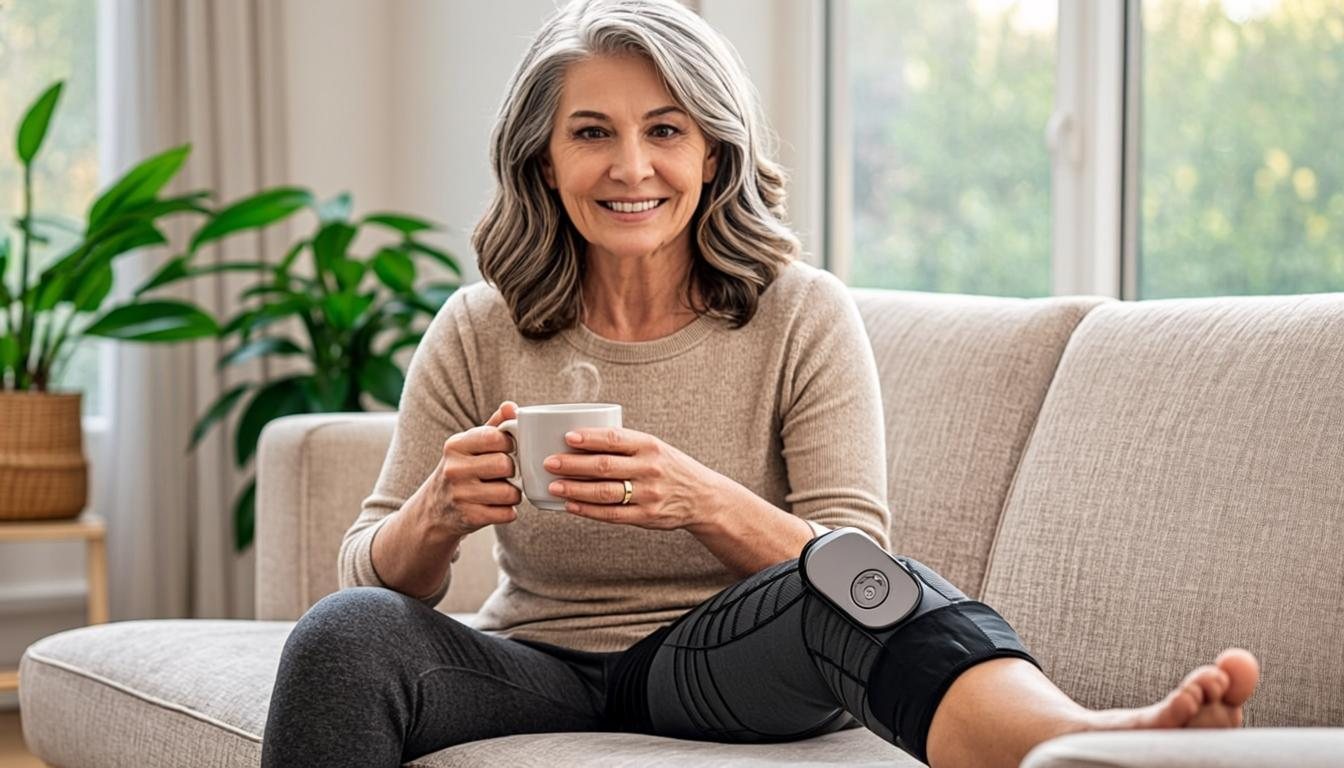 Woman relaxing on her sofa with a warm drink while wearing the KneeEase heated knee massager on one knee