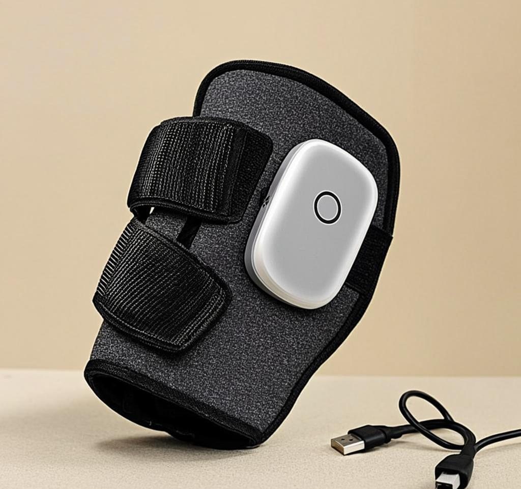 KneeEase cordless heated knee massager wrap with control unit and USB charging cable