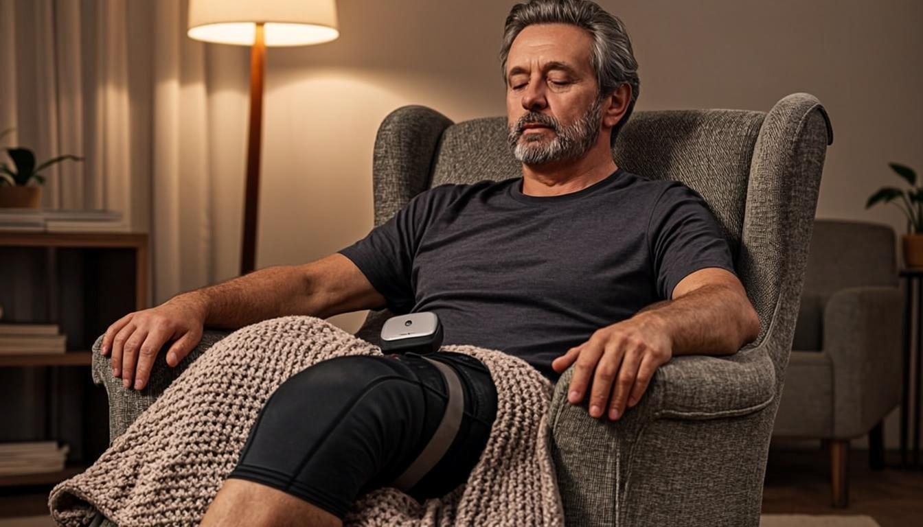 Man unwinding in an armchair in the evening while wearing the KneeEase heated knee massager