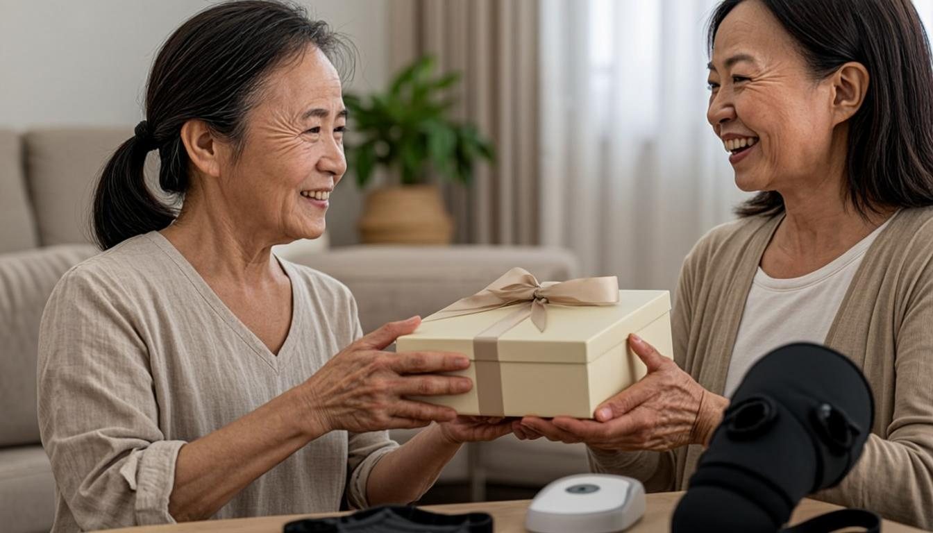 A KneeEase heated knee massager beside a gift box being handed from one person to another