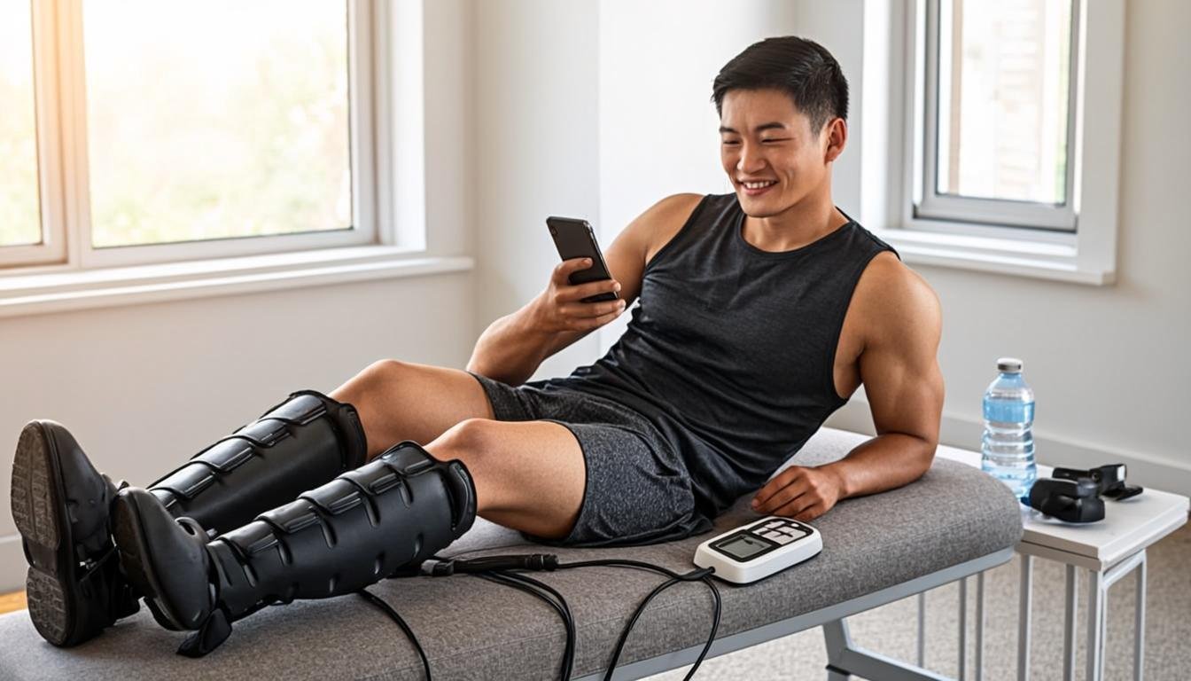 Athlete recovering on a bench wearing LegEase compression boots after a run