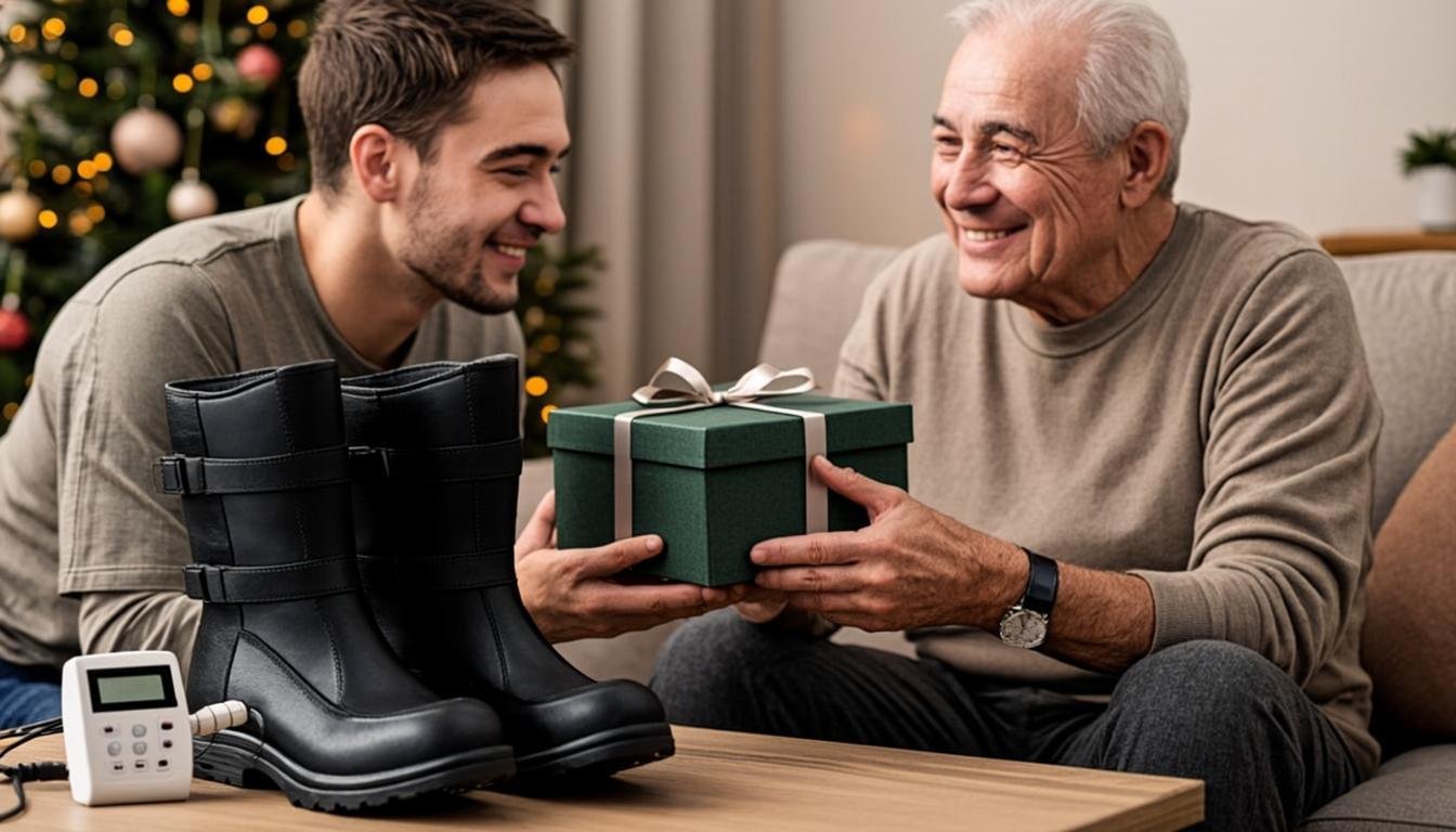 Son gifting LegEase compression boots to his father in a warm living room