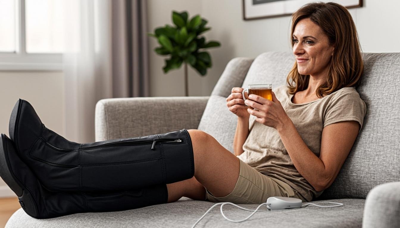 Woman relaxing on a sofa wearing the LegEase air compression leg massager on both legs