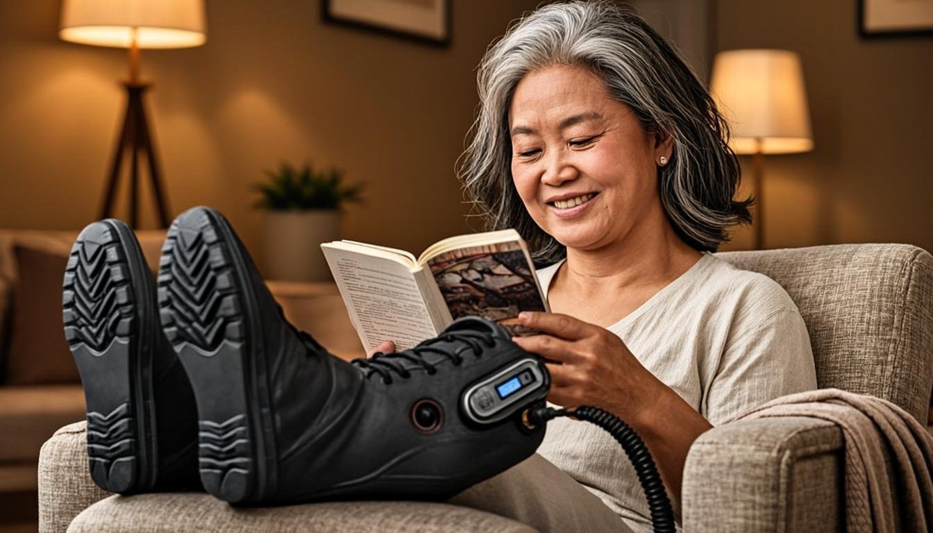 Senior woman relaxing in an armchair with legs elevated in LegEase boots